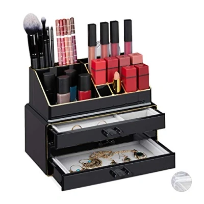 Afbeelding van Relaxdays make up organizer sieradendoos sieradenkistje opbergdoos cosmetica zwart goud