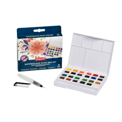 Afbeelding van Derwent 24 stuks aquarelverfset, stuks, halve potten, wateroplosbaar, ideaal voor schilderen, professionele kwaliteit, reisformaat, 2306324