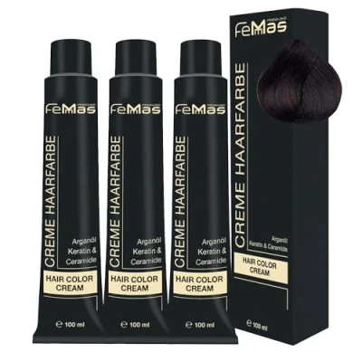 Image de FemMas Lot de 3 teintures pour cheveux 100 ml, marron moyen chocolat ambré 4.89, crème professionnelle à l&#039;huile d&#039;argan, kératine et céramides, coloration permanente ou teinte des