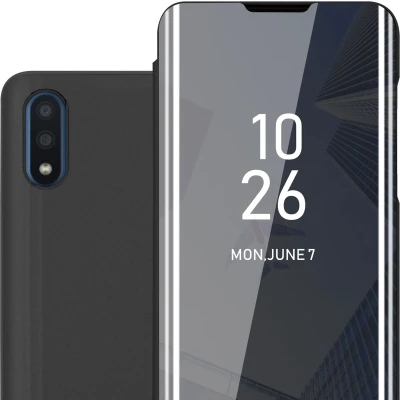 Afbeelding van Cadorabo Hoesje geschikt voor Samsung Galaxy A01 in TOERMALIJN ZWART Clear View Spiegel Beschermende Case met Tribunefunctie 360 Graden Bescherming Book Cover Etui