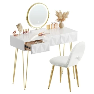 Afbeelding van EUGAD make uptafel met verstelbare led spiegel, 3 niveaus, fluwelen stoel, kaptafel laden 3D effect van massief hout, slaapkamermeubel, wit + goud, 0054SZT