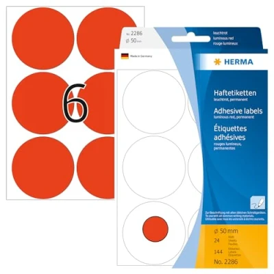 Image de HERMA étiquettes multi usage, diamètre: 50 mm, rouge fluo rond, grand paquet contenu: 144 pièces 2286