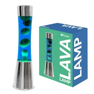 Afbeelding van Fisura Lampe à lave avec base chromée, liquide bleu et verte. Effet relaxant, ampoule de rechange incluse. Dimensions 11 cm x 39,5 cm.