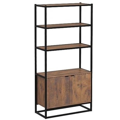 Afbeelding van HOMCOM Boekenkast in industriële stijl, 3 planken + kast, 2 deuren, spaanplaat, oude look, hout, metaal, zwart