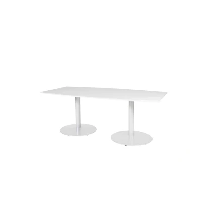 Afbeelding van Linesto 200x100cm tonvormige vergadertafel op vaste hoogte (74cm) met licht grijs 25mm blad en witte (RAL9010) trompetvoeten