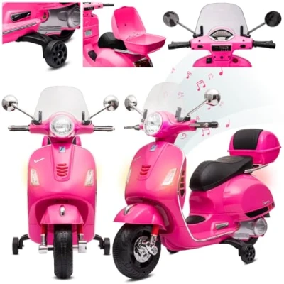 Afbeelding van Vespa Elektrische motorfiets voor kinderen met wielen en kunststof zitting, kofferbak, MP3 speler, AUX stekker MicroSD USD (fuchsia)