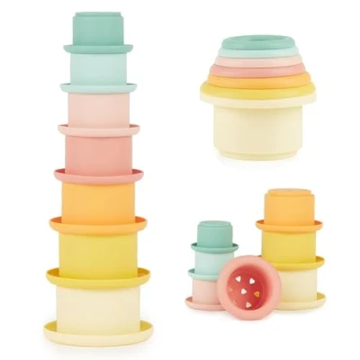 Afbeelding van Bieco Tropical Vibes stapelbare siliconen bekers voor baby&#039;s vanaf 1 jaar, baby&#039;s, BPA vrij, toren stapelbaar speelgoed babymeisjes
