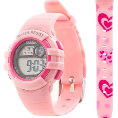 Afbeelding van KIDDUS Digitaal horloge voor meisjes en jongens vanaf 3 jaar. Stopwatch, kalender, wekker, achtergrondverlichting. Waterbestendig. Sportief led polshorloge kinderen.