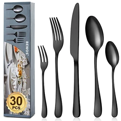 Afbeelding van BEWOS bestek set voor 6 personen, 30 delig zwart mat eetbestek incl. messen, vork, lepel, roestvrij staal, vaatwasmachinebestendig