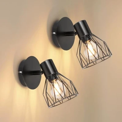 Afbeelding van Dehobo Industriële wandlamp voor binnen, vintage wandlamp, slaapkamer, zwart, E14, 2 stuks, verstelbare kooilamp, metalen huis, woonkamer, hal, winkel
