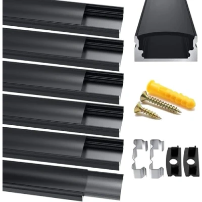 Afbeelding van Chesbung LED Aluminium Profiel, 6X1m Strips U Vorm, Kanalen, Profiel Zwart voor (1 12mm), met Eindkappen, Metalen Bevestigingsclips en Bevestigingsmateriaal