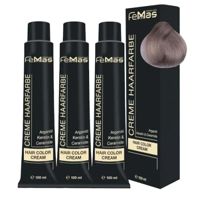 Image de FemMas Lot de 3 teintures pour cheveux, crème professionnelle, à l&#039;huile d&#039;argan, kératine, céramides, coloration permanente, résultats couleur éclatant et durable, blond clair, cendré 9.1, 100 ml