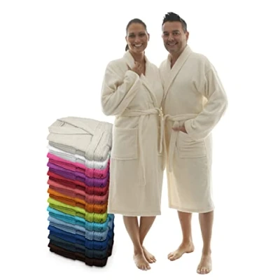 Afbeelding van LEBENGOOD Uniseks ochtendjas voor dames en heren, 100% katoen, badstof, 400 g, met riem, tassen, douche, zachte badjas, handdoek, ECRU