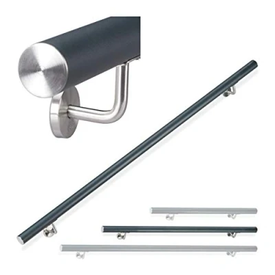 Afbeelding van Relaxdays, Ronde leuning aluminium antraciet trapleuning binnen en buiten mat 150 cm Ø 42 mm met wandhouder roestvrij staal 1500
