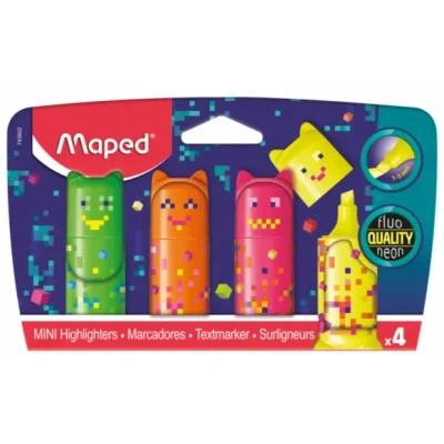 Afbeelding van Maped Mini Pixel Party markeerstiften kleine originele zakmarkeerstiften in de vorm van personages groen, oranje, roze, geel