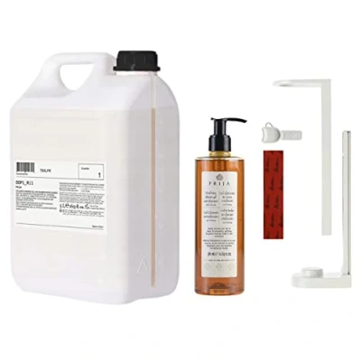 Afbeelding van PRIJA Badkamerset: witte flessenhouder, shampoo/douchegel, 380ml + 5l navulling