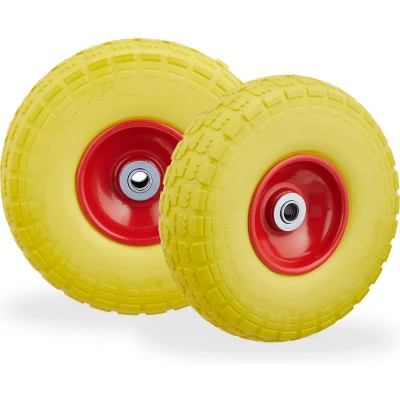 Afbeelding van Relaxdays steekwagenwiel 4.1/3.5 4 rubber 2 stuks bolderkarwiel antilekband Geel rood