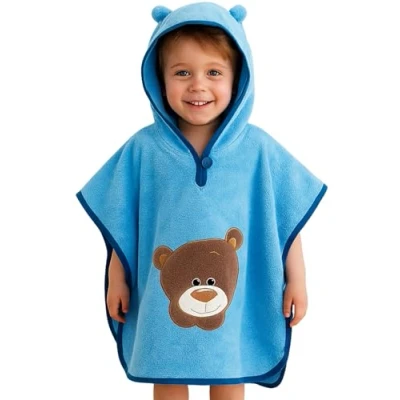 Afbeelding van Morgenstern Badponcho voor kinderen, baby, meisjes, jongens, 100% katoen, Oeko Tex gecertificeerd, badhanddoek met capuchon, badstof, blauw, beer, 1 3 jaar, Blauw: beer