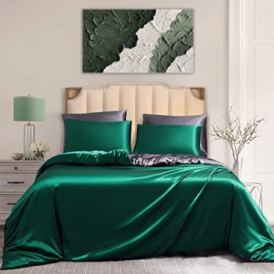 Afbeelding van Damier Omkeerbaar beddengoed, 220 x 240 cm, glanzend satijn, groen, grijs, met ritssluiting en 2 kussenslopen van 80 cm