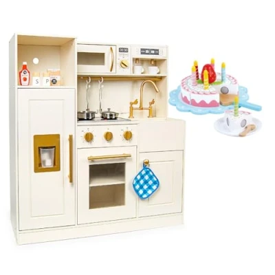 Afbeelding van Leomark cuisinière en bois interactive avec lumière et son, + micro ondes évier pour enfants 89 cm gâteau d&#039;anniversaire