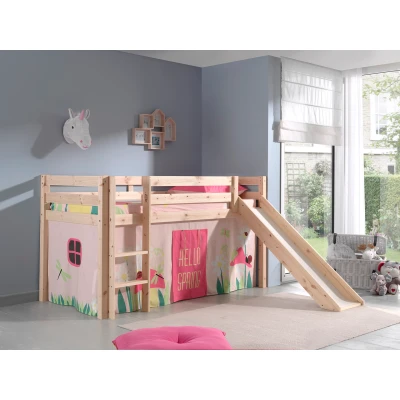 Afbeelding van LUCEVI Pino Halfhoogslaper + Ladder Glijbaan Spring Gordijntjes Bruin 90x200 cm