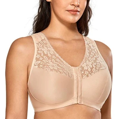 Afbeelding van DELIMIRA Damesbeha, sluiting voor, grote maat, zonder beugel, racerback, kant, Beige