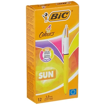 Afbeelding van Bic 4 Colours Sun, balpen, 0,32mm, fashion inktkleuren, lichaam geel, DOOS VAN 12