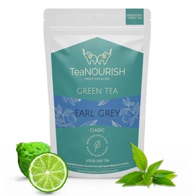 Afbeelding van TeaNOURISH Earl Grey Green Tea Darjeeling losse bladthee verrijkt met natuurlijk bergamot extract 100% NATURAL 50 kopjes heet of ijsthee 100 g