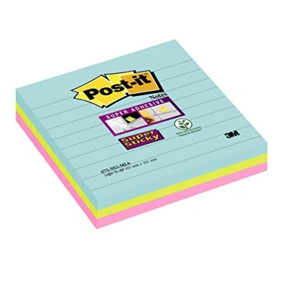 Afbeelding van Post it Super Sticky notes XL Cosmic, 70 vel, ft 101 x mm, gelijnd, geassorteerde kleuren, pak van 3 memoblok