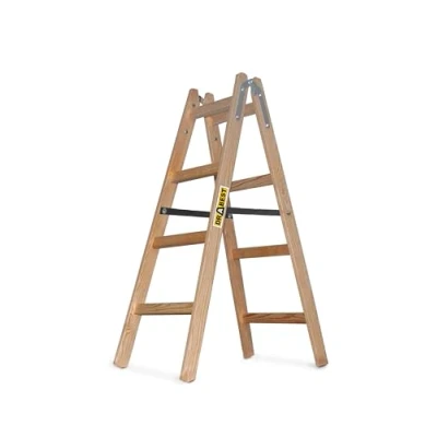 Afbeelding van DRABEST Pro Trapladder van hout, 4 treden, lichte ladder, opvouwbare ladder voor thuis, geïmpregneerd grenen, verzinkversterkingen, capaciteit 150 kg, 49 x 124 13 cm
