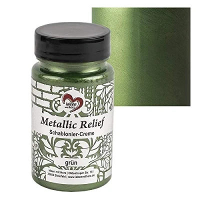 Afbeelding van Ideen mit Herz Metallic crème sjabloon met reliëf, fijne structuurpasta, sjablonenverf, 90 ml, op waterbasis (groen)