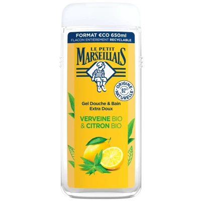 Afbeelding van Le Petit Marseillais Extra zachte douchegel biologische ijzerkruid en citroen (650 ml) hydrateert verfrist, pH neutraal, zonder kleurstoffen 92% natuurlijke oorsprong fles 100%