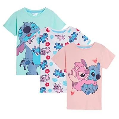 Afbeelding van Disney Lilo &amp; Stitch T shirt voor meisjes, zomer, korte mouwen, verpakking van 3 stuks, Meerkleurig