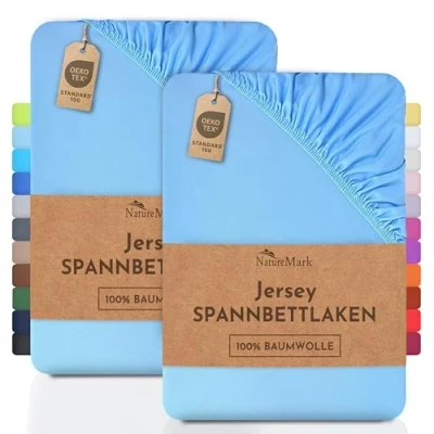 Image de NatureMark Lot de 2 draps housses en jersey pour enfant, 100% coton, dans nombreuses tailles et couleurs, qualité la marque Öko Tex Standard 100, 70 x 140 cm, Bleu clair