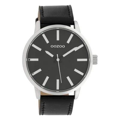 Afbeelding van OOZOO Timepieces Zilverkleurige horloge met zwarte leren band C10034