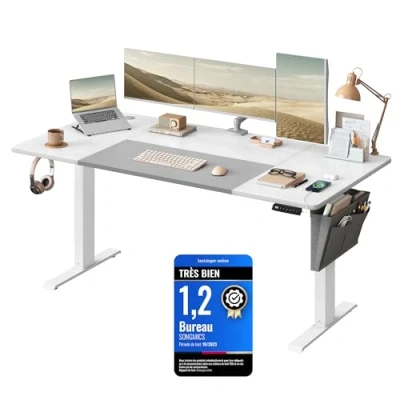 Afbeelding van SONGMICS In hoogte verstelbaar elektrisch bureau 70 x 160 (72 120) cm, traploos verstelbaar, gesplitste plaat, geheugenfunctie met 4 hoogtes, basiswit/duifgrijs LSD026W02