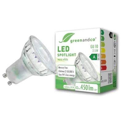 Afbeelding van greenandco GU10, vervangt 44 W, warm wit 3000 K, 2,5 450 lm, 100 graden, flikkervrij, energie efficiëntieklasse A, ledlamp 230 V, niet dimbaar