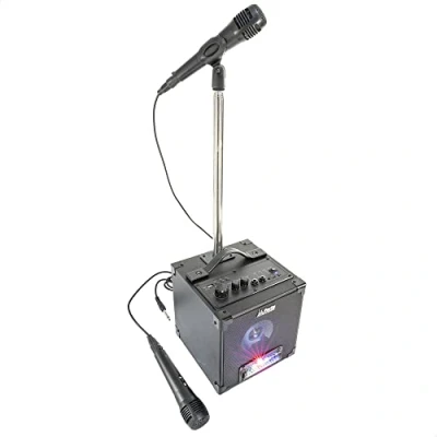 Afbeelding van PARTY Light &amp; Sound SINGTOGETHER Karaokeset op batterijen met 2 microfoons en een standaard Zwart