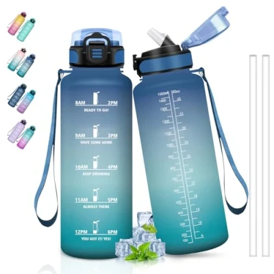 Afbeelding van Bouteille d&#039;eau réutilisable avec paille, facile à nettoyer, pour le yoga, la randonnée, course, 1 5 l