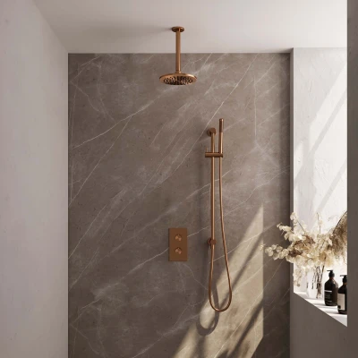 Afbeelding van Brauer Carving 20cm Plafondbuis Staafhanddouche Met glijstang Geborsteld Koper PVD
