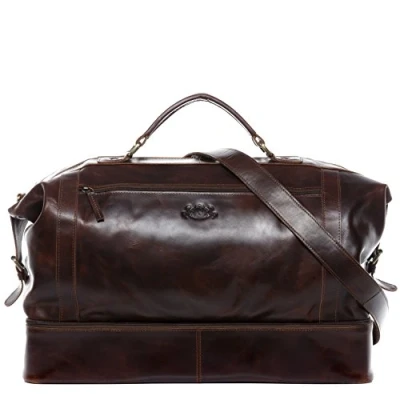 Afbeelding van SID &amp; VAIN Reistas schoenenvak Kingston echt leer Weekend XL grote bruine tas Handgemaakte handbagage sporttas, Kastanje, XL, boodschappentas, boodschappentas