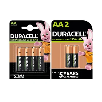 Afbeelding van 6 x Duracell AA 2500 mAh oplaadbare batterijen (1 blister met 4 + 1 lamp 2 batterijen)