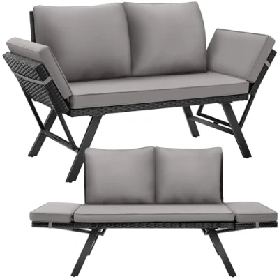 Afbeelding van tectake® Multifunctionele Wicker Loungesofa 2 in 1 Design, Comfortabel Ligbed Met Hoogwaardige Kussens Weerbestendig Rotanmeubel Voor Tuin, Balkon, Of Patio