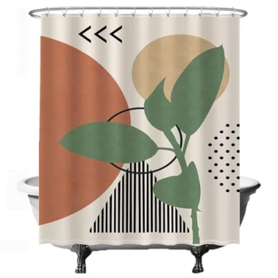 Afbeelding van Ulticool Douchegordijn Zon Abstract Natuur Boho Bohemian 180 x 200 cm semi Transparant met 12 Ringen Wit anti Schimmel Beige Sepia Oranje Groen