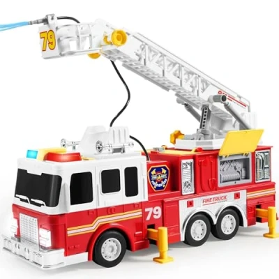 Afbeelding van JOYIN Grote speelgoedbrandweerwagen vanaf 2, 3, 4 jaar, met schaal 83 cm, speelgoedauto, brandweer, elektrische knoppen, verlichting, sirenes, draaibare slanghaspel en afneembare waterpomp