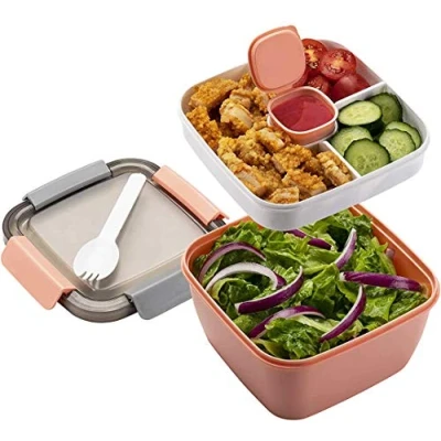 Afbeelding van MUJUZE Lunchbox met onderverdeling in blikjes, broodtrommel bestek voor volwassenen en kinderen, duurzaam, lekvrij, saladebox school, werk, picknick, reizen (roze)
