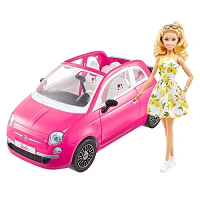 Afbeelding van Barbie et sa Fiat 500, Cofret 4 zits voertuig, roze en pop met bekleding accessoires, cadeau voor kinderen van 3 tot 7 jaar, HGV03