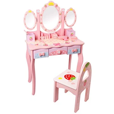 Afbeelding van CCLIFE Kaptafel voor kinderen, hout, meisjes, met spiegel, make upkruk, lade van roze en wit, uptafel, kleur: