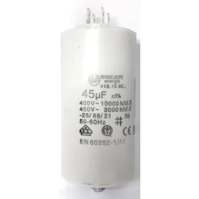 Afbeelding van DUCATI 45uf 450 volt polypropyleen permanente motorcondensator 6,3 mm Faston kabelschoen en M8 schroef
