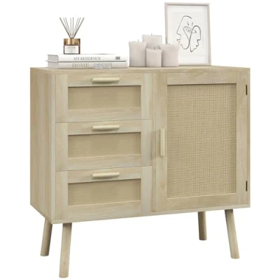 Afbeelding van HOMCOM Opbergkast dressoir Boheemse stijl met 3 laden en 1 deur rotanfronten afmetingen: 80 x 36 75 cm